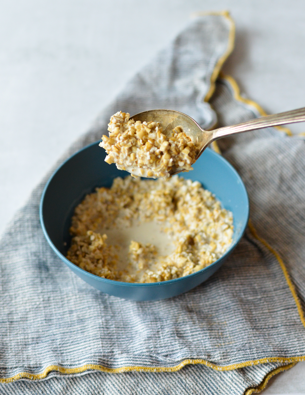 steel cut oats soaked in milk on a spoon.