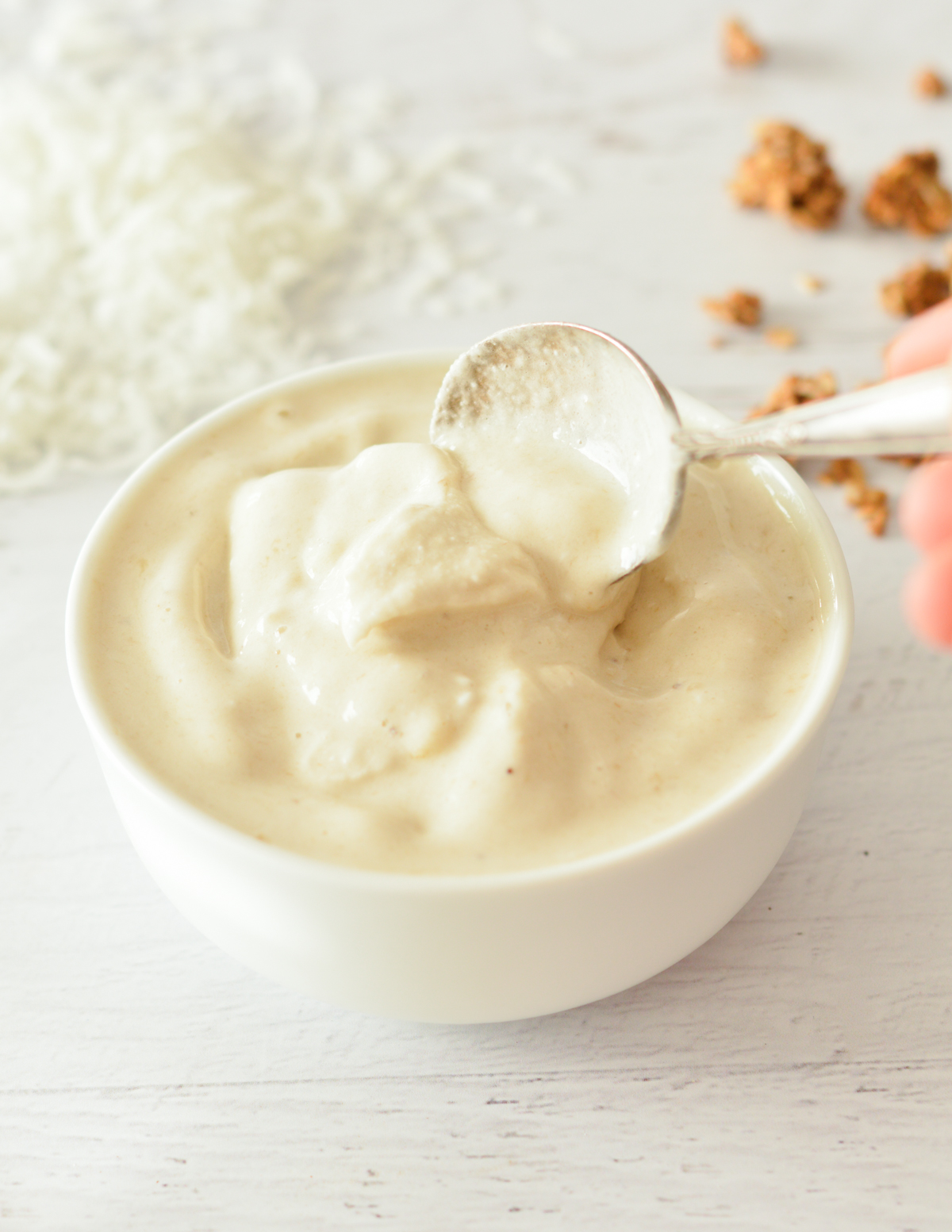 a bowl of coconut smoothie.