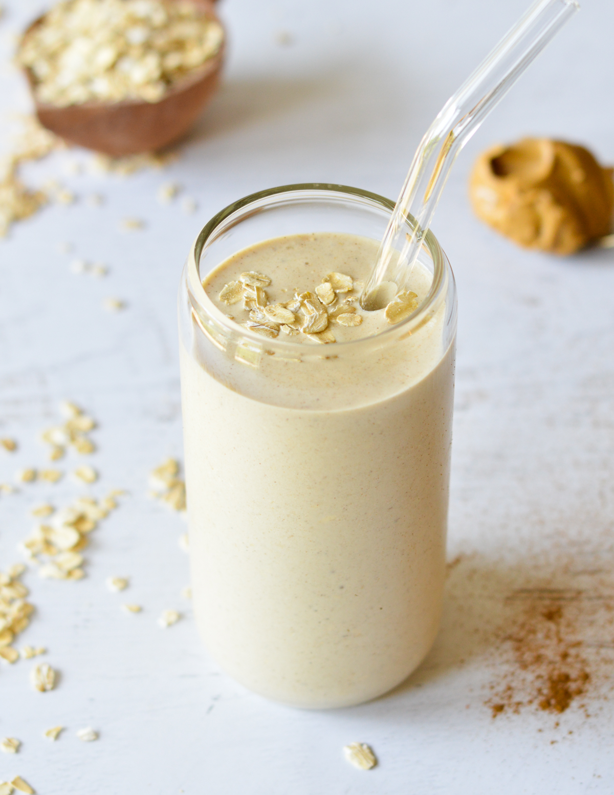 oatmeal smoothie with oats on top.