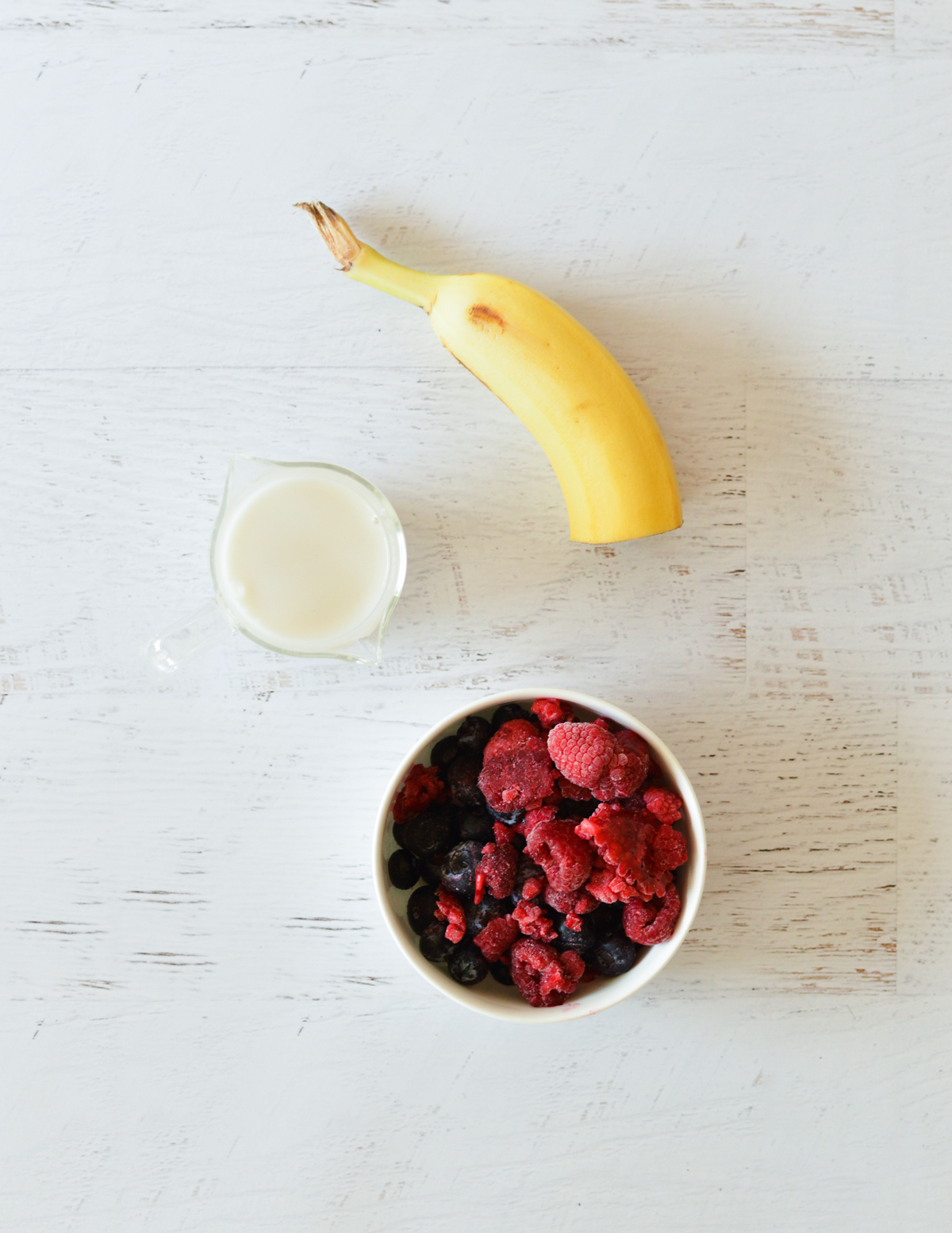 banana, milk, blueberries and raspberries.