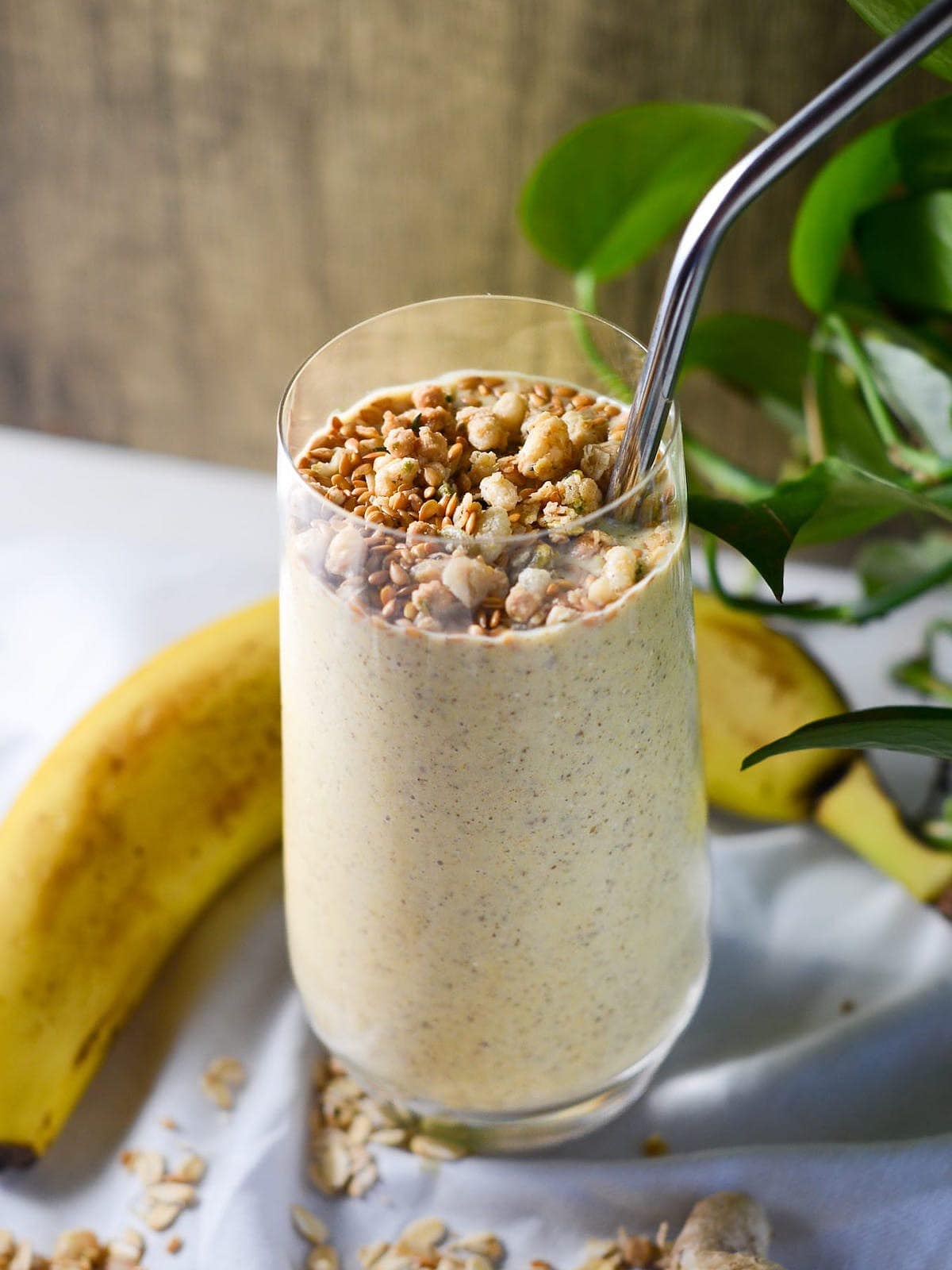 peanut butter smoothie with granola on top.