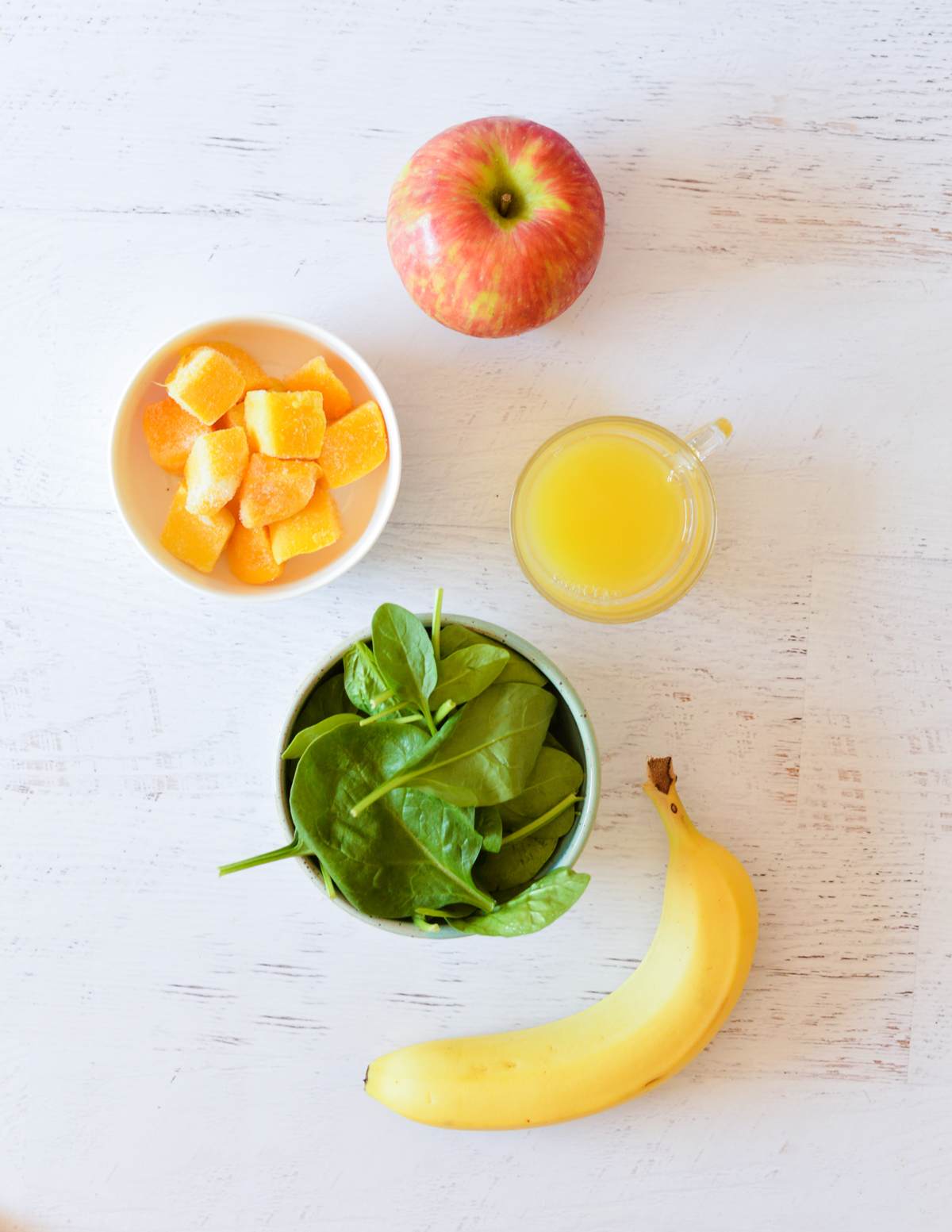 apple, orange juice, mango, spinach, and banana.