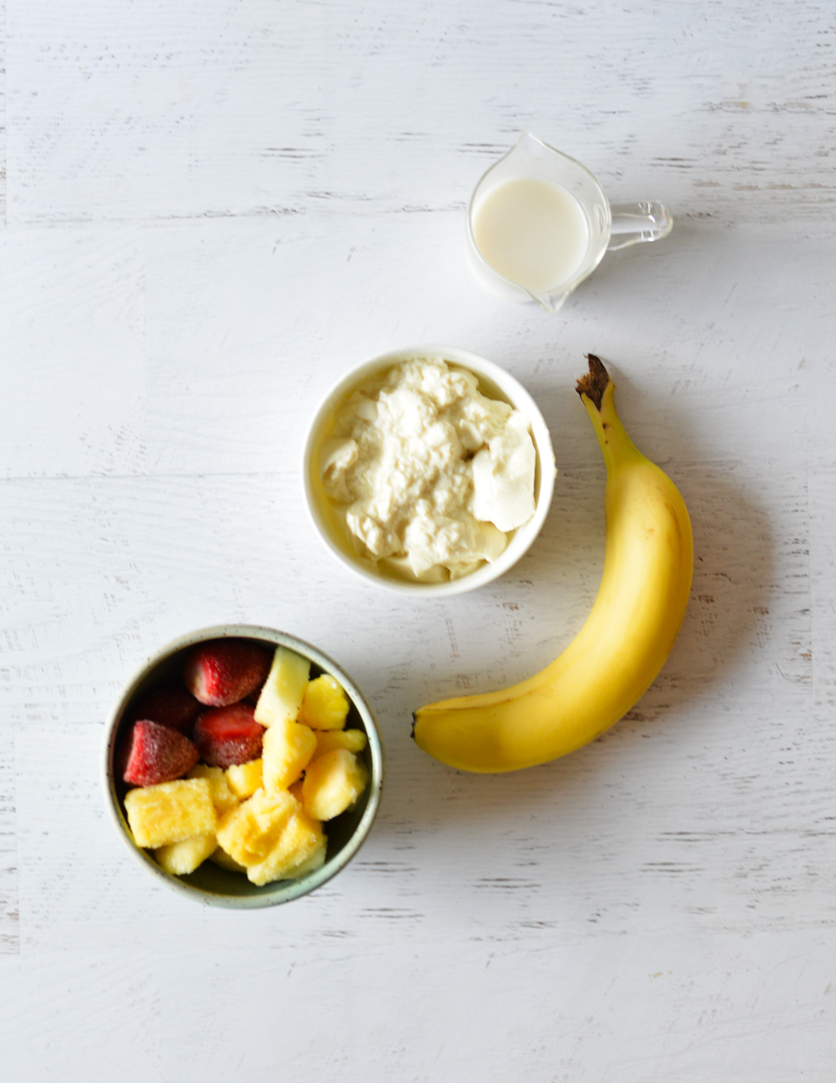 silken tofu, banana, pineapple, strawberries, and milk.