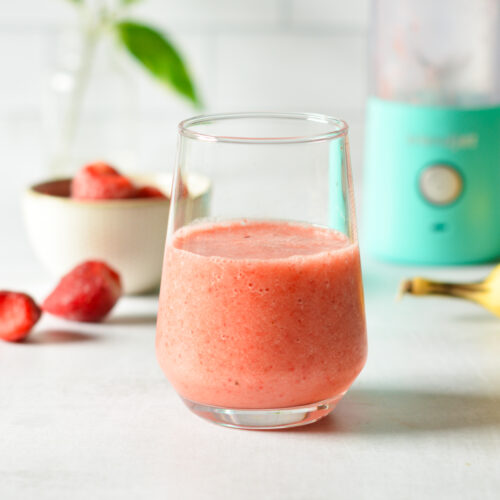 strawberry smoothie in a glass.